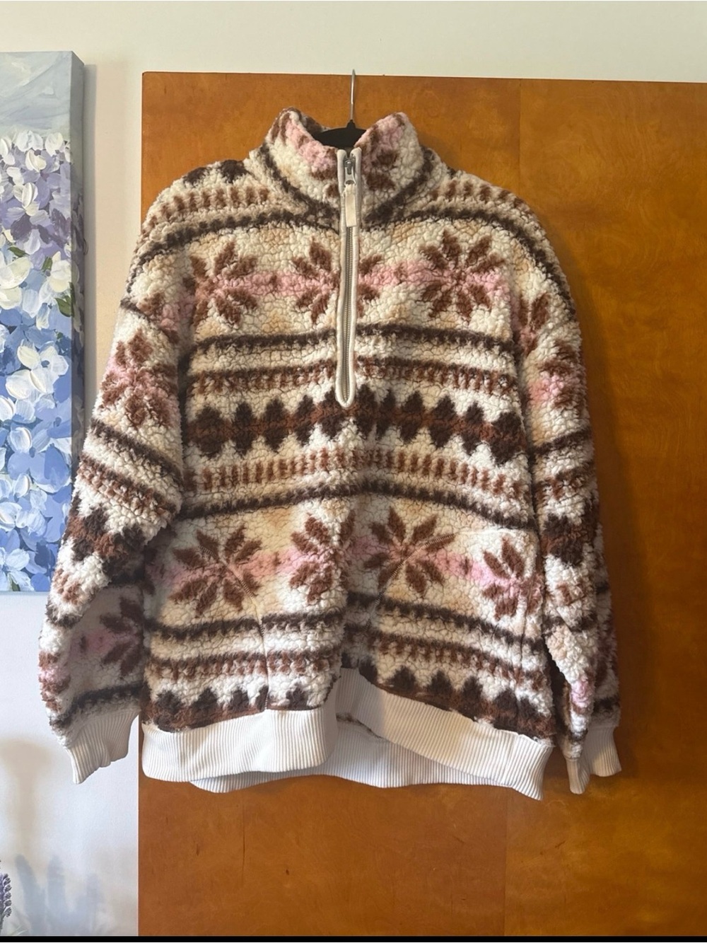 aerie Cream, Brown & Pink Patterned Sherpa Half-Zip Jacket
